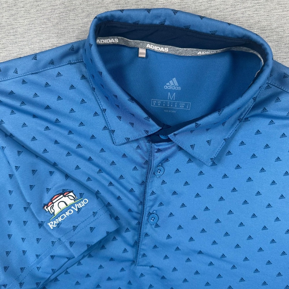 Adidas Golf Polo Shirt‎ Mens M Blue AOP Outdoors Rancho Viejo Logo South Texas